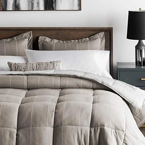 MALOUF Chambray Comforter Set - Classic Pin Striped Chambray Inspired Fabric - Includes Pillow Shams - Down Alternative - Hypoallergenic - All Season-Box Stitched Design - Birch - Oversized King
