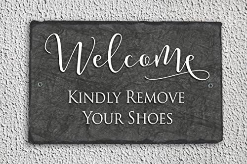 Sassy Squirrel Beautifully Handcrafted and Customizable Slate Kindly Remove Your Shoes Sign (12”x8” or 16"x10") Personalized House Sign Improve The Curb Appeal of Your Property.