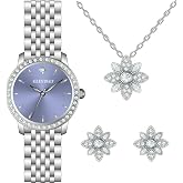 ELLEN TRACY Women's 25mm Round Silvertone Watch and Jewelry Gift Set, Lavender Dial, Crystal Accents