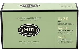 STEVEN SMITH TEAMAKER Smith Teamaker Green Tea Gift Assortment, Fez Moroccan Mint, Jasmine Silver Tip & Spring Greens, Caffeinated, Sugar-Free, Organic Full Leaf Green Teas, 30 Sachets, 1.2oz each
