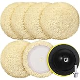 Tallew 6 Pcs 8 Inch Wool Buffing Polishing Pads Hook Loop Cutting Pads with Backing Plate for Car, Boat, Wood, Marble Surface Polishing & Scratch Removal (Original Color)