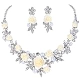 EVER FAITH Women's Austrian Crystal Simulated Pearl Rose Flower Leaf Necklace Earrings Set