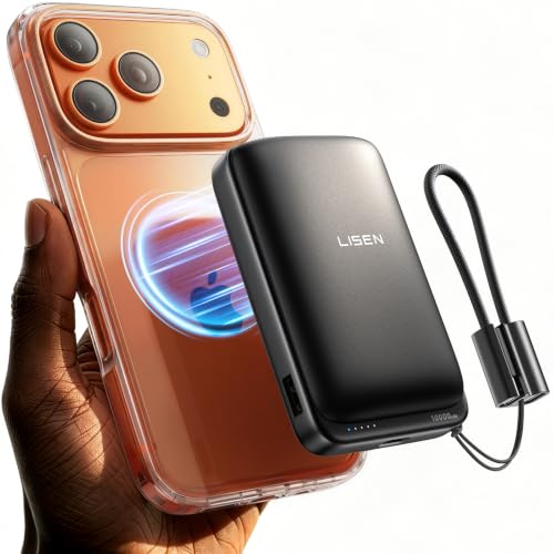 LISEN Qi2.2 Power Bank for MagSafe, 10000mAh Magnetic Wireless Portable Charger Wireless USB-C Fast Charging, Detachable Cable, Compact Battery Pack for iPhone 17/16/15(Deep Black)