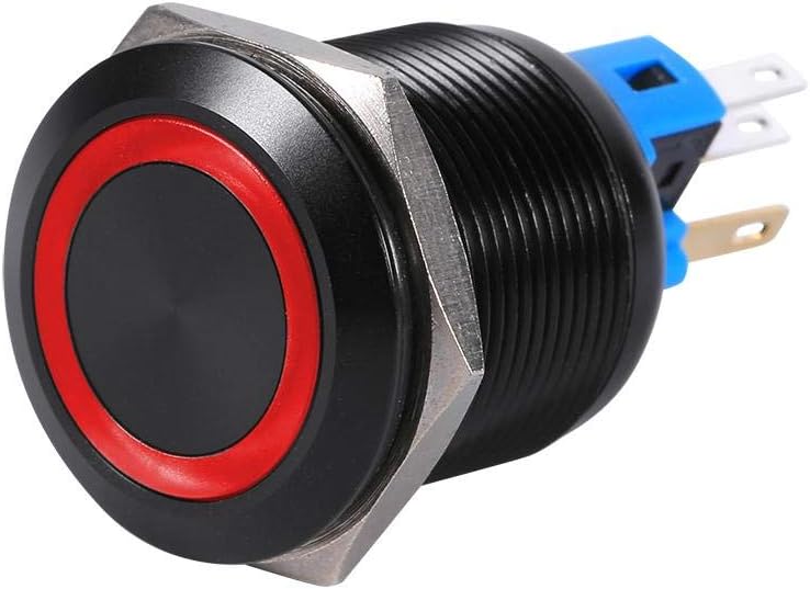 Aramox 22mm 12V LED Waterproof Self-Locking Latching Push Button Switch, Red LED, Zinc Alloy, Black, IP65 Rated