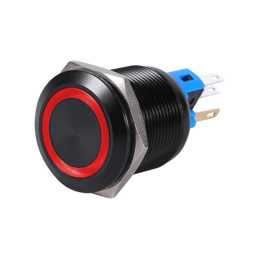 Aramox 22mm 12V LED Waterproof Self-Locking Latching Push Button Switch, Red LED, Zinc Alloy, Black, IP65 Rated