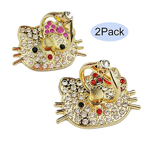 Seadream 2Pack Kitty Cat Head Ring Holder for All SmartPhone,Cute Kitty Cat Head with Diamond Mobile Phone Ring Stent/Anti-theft Clasp/Anti-drop/360 Degree Rotating Metal Ring Holder (2pcs kitty cat)