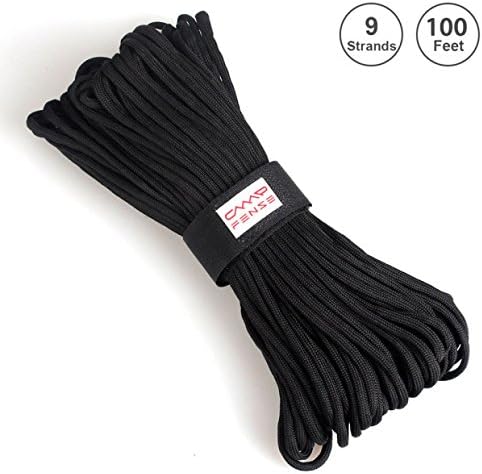 CampFENSE Paracord 100 Feet, 9 Core Strands, Break-Strengths 308 LB, 100% Nylon, Camp Hike Outdoor Tactical Cord, Hammock Climbing Camping Hiking Braided Parachute Emergency Rope (black, 100FT)