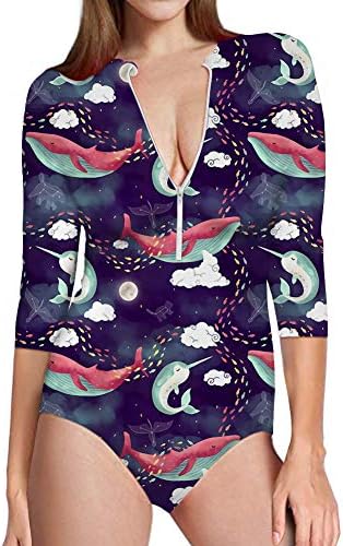 chaqlin Womens One Piece Rashguard Swimsuit Fish Design Zip Front Beach Swimming Surfing Shirt Sun Protection