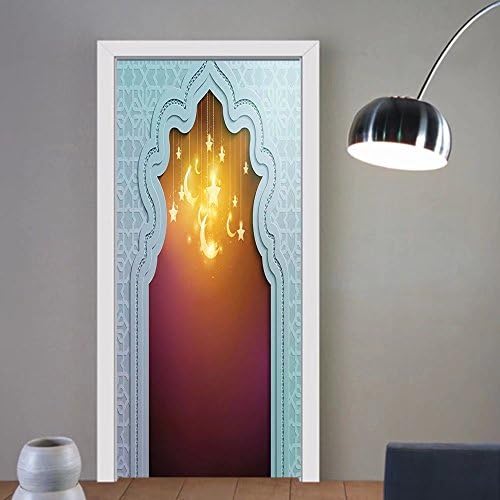 Gzhihine custom made 3d door stickers Moroccan Mosque Door with Stars and Moon Ornaments Arabic Words Ramadan Design Light Blue Maroon Apricot For Room Decor 30x79
