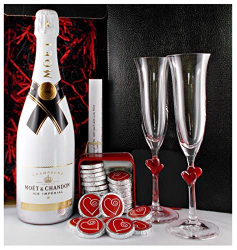 Champagner Moet & Chandon Ice Imperial + Herz Schokolade + 2 Gläser L'amour Geschenk