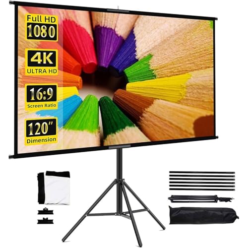 Hcosmy Projector Screen with Stand, Towond 120 inch Indoor Outdoor Projection Screen, Portable 16:9 4K HD Movie Screen with Carry Bag Wrinkle-Free Design for Home Theater Backyard Cinema (265×150cm)