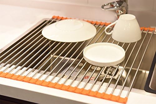 Kingnice Over the Sink Multipurpose Stainless Steel Roll-Up Dish Pot Drying Rack, 16.1"(L) x 18.5"(W), Red