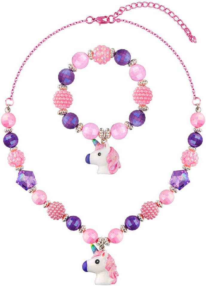 Chunky Bubblegum Unicorn Necklace and Bracelet Set for Little Girls Jewelry (Unicorn Necklace 1)