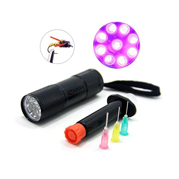 SAMS-Fly-Tying-UV-Cure-Light-and-Glue-Syringe-Coating-Tools-Kits-Flashlight-with-395-400-nm-9-Leds-Ultra-Violet