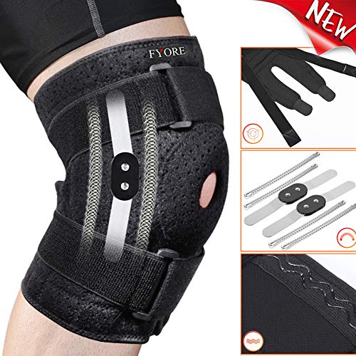 Hinged Knee Brace with 4 Straps & 4 Springs, Adjustable Open Patella Support for Arthritis, ACL, LCL, MCL, Sports Exercise, Meniscus Tear,Compression Knee Braces Non-Slip Fit for Running,Women,Men 