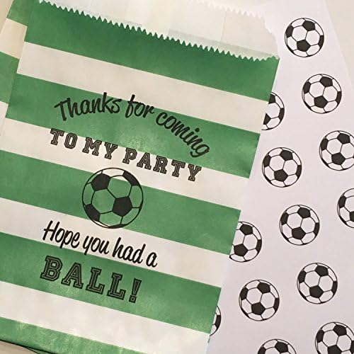 Soccer Party Treat Bags with Stickers, Thanks for Coming to My Party, Hope you HAD A BALL!, Green and White Rugby Stripe, Set of 48 Bags and 48 Stickers