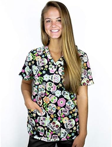 Tafford Prints Sugar Skulls-Black 2-Pocket Scrub Top