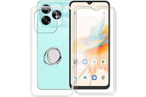 HGJTF Cover for Umidigi A15 (6.70") with 2 X Tempered Glass Protective Film, 360° Cell Phone Metal Ring Holder, [Ultra-Thin Clear Soft TPU Shockproof Shell] Phone Case for Umidigi A15