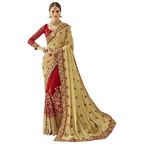 Triveni Indian Red Colored Embroidered Faux Georgette Wedding Saree