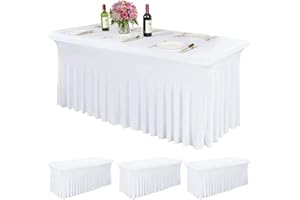 COFASHION Table Skirt for 6ftTables Spandex White Table Cover with Skirt 3 Packs Stretchy Tablecloth Wrinkle-Resistant Ruffles Elastic Table Covers for Wedding, Banquet, Birthday Parties