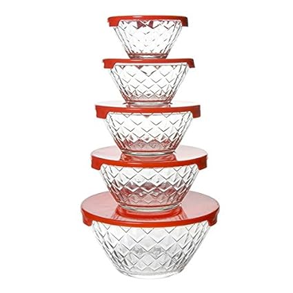King International 5 PCS Multicoloured Glass Storage Bowl Set of 5- Easy Click Color Lid