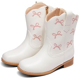 Coutgo Girls Cowgirl Boots Western Square Toe Bow Riding Mid Calf Boots | Comfort Block Low Heel, Convenient Side Zipper, Cut
