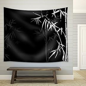 Vector - White Bamboo Branches Imprint on Black Background. Japanese Chinese Elements in Asian Ornament Style. - Fabric Wall Tapestry Home Decor - 51x60 inches