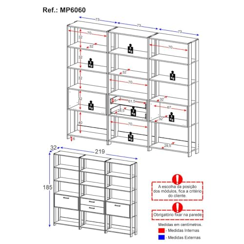 Multimóveis Estante de Escritório Modulada Texas MP6060 com 12 Prateleiras 2 Portas 2 Gavetas 219cm Preto/Madeirado