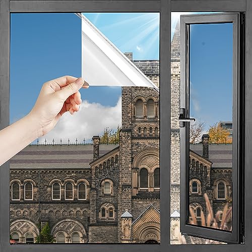 HOMTOL Anti-Glare Window Film, 50 x 400 cm, Mirror Film for Windows, Blackout Window Film, Anti-UV Heat, Adhesive Window Screen, Privacy Protection, for Office, Home, Bedroom, Silver