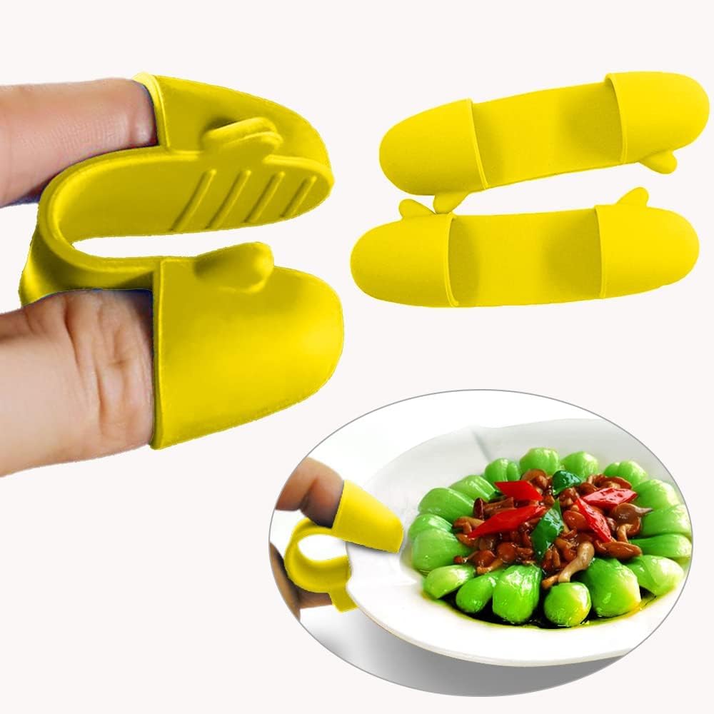 Photo 1 of 1 Pair Mini Silicone Finger Oven Mitts Heat Cold Dirty Hurt Resistant, Versatile Little Tool such as Pot Holders, Finger Food Tongs, Coffee Filter Separators Clips (Yellow)