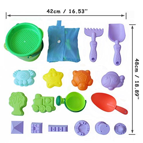 MEIGO Beach Sand Toys - Toddler Outdoor Pool Bath Play Set Soft Plastic Sandbox Toys with Models and Molds Bucket Shovel Rake Mesh Bag for Baby Kids (18pcs)