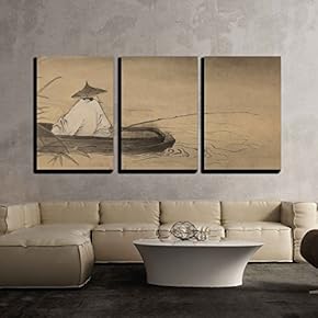 Chinese Fishermen in The Boat and Reeds x3 Panels