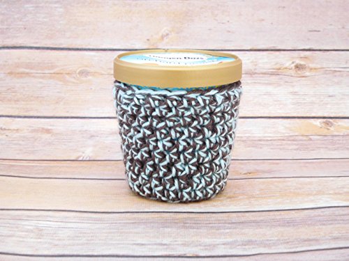 Ice Cream Cozy - Handmade Crochet Pint Sorbet Cozy - Aqua and Brown