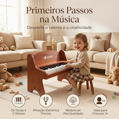 VEDO Teclado de Piano Toddler e Infantil, Piano Digital de 25 Teclas Para CriançAs, Volume AjustáVel, Mini Instrumento Musical Educativo, Material Segurança Nogueira, Para Crianças, Meninas e Meninos