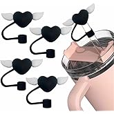 4pcs White Wings Black Heart Straw Cover for Stanley Cup, 10mm Silicone Straw Covers Cap for Stanley Cup Accessories, Cute Straw Topper for Tumblers, Cap Stopper for Reusable Straws Tip Lids