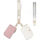 JEEBURYEE Dual Pouch Wristlet Keychain Wallet with 2 Wrist Straps - Small and Portable Mini Zipper Coin Purse Card Wallets for Women Men Gold Hardware Pink+Ivory