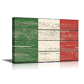 Flag of Italy on Vintage Wood Board Background Stretched