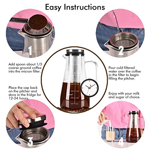 Cold Brew Coffee Maker 48 Ounce/1.5QT - Airtight Iced Coffee Tea Maker - Glass Pitcher with Reusable Fine Mesh Filter - Glass Carafe Perfect for Homemade Iced Tea Brewer and Coffee - Dishwasher Safe