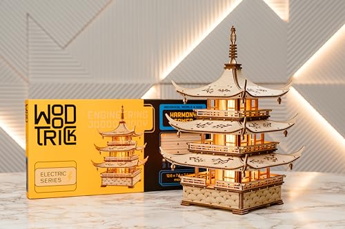 Wood Trick Harmony Tower Pagoda 3D Wooden Puzzles LED for Adults Delicate Engravings 2 Modes Lighting DIY Engineering Project Mechanical 3D Puzzle Model Kit