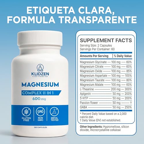KLIDZEN Magnesio Complex 11 en 1 | 600 mg | Glicinato, L-Teanina 200 mg, GABA, 6 Tipos de Magnesio para Dormir, Estrés y Relajación | 120 Cápsulas