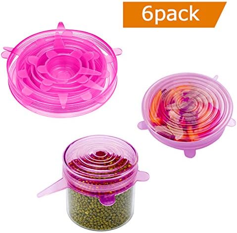 Silicone Stretch Lids Reusable 6 Pack of Silicone storage covers - BPA Free Food Covers for Platters,Bowl,Jars,Oven,Dishwasher,Microwave,Freezer Safe - Pink