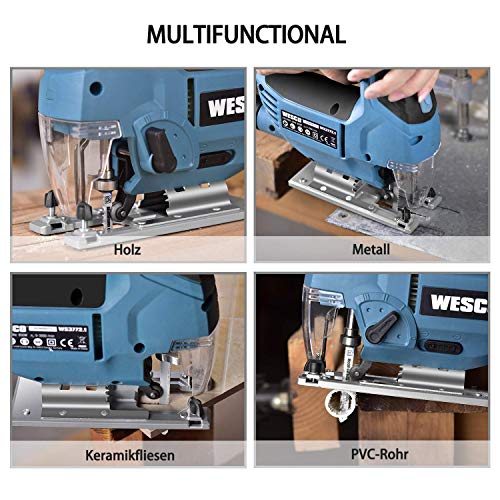 Stichsäge 850W, Elektro Stichsäge & LED, 4-Stufen-Pendelung, 3000SPM, 6-Geschwindigkeitsvorwahl, Schnittwinkel ± 45 ° mit 10 Blättern, Fußplatte aus Aluminium, Motor aus Kupfer WESCO WS3772