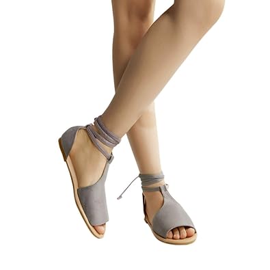 Pingtr - Damen Sandalen - Frauen Sommer Runde Spitze Atmungsaktive Lace-Up Strand Sandalen Rom Casual Flache Schuhe