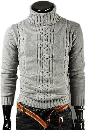 Kalanman Mens Solid Color Turtleneck Slim Fit Long Sleeves Cable Knit Pullover Sweater Jumper
