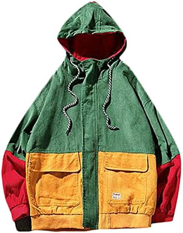 Cruiize Mens Color Block Corduroy Hooded Loose Washed Pocket Outwear Jacket Army Green XX-Large