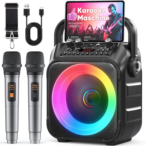 Karaoke Maschine mit 2 kabellosen Mikrofonen, [Neueste] Karaoke Anlage für Erwachsene und Kinder, tragbare Karaoke Box Bluetooth Lautsprecher, TV-komp