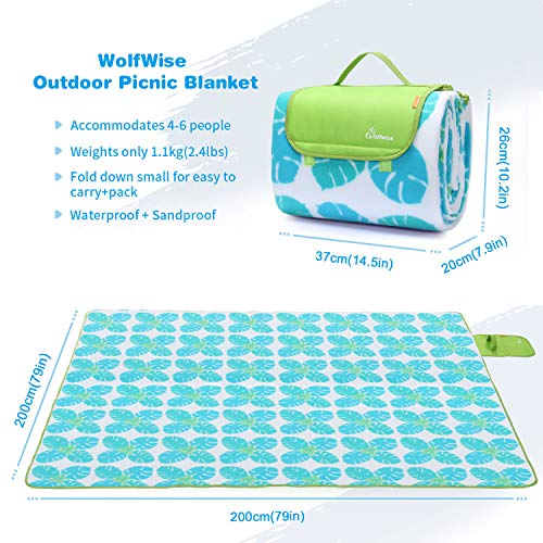 WolfWise 79"x79" XXL Picnic Blanket Extra Large Fleece Beach Mat with Waterproof Backing Anti Sand, Green Small Monstera