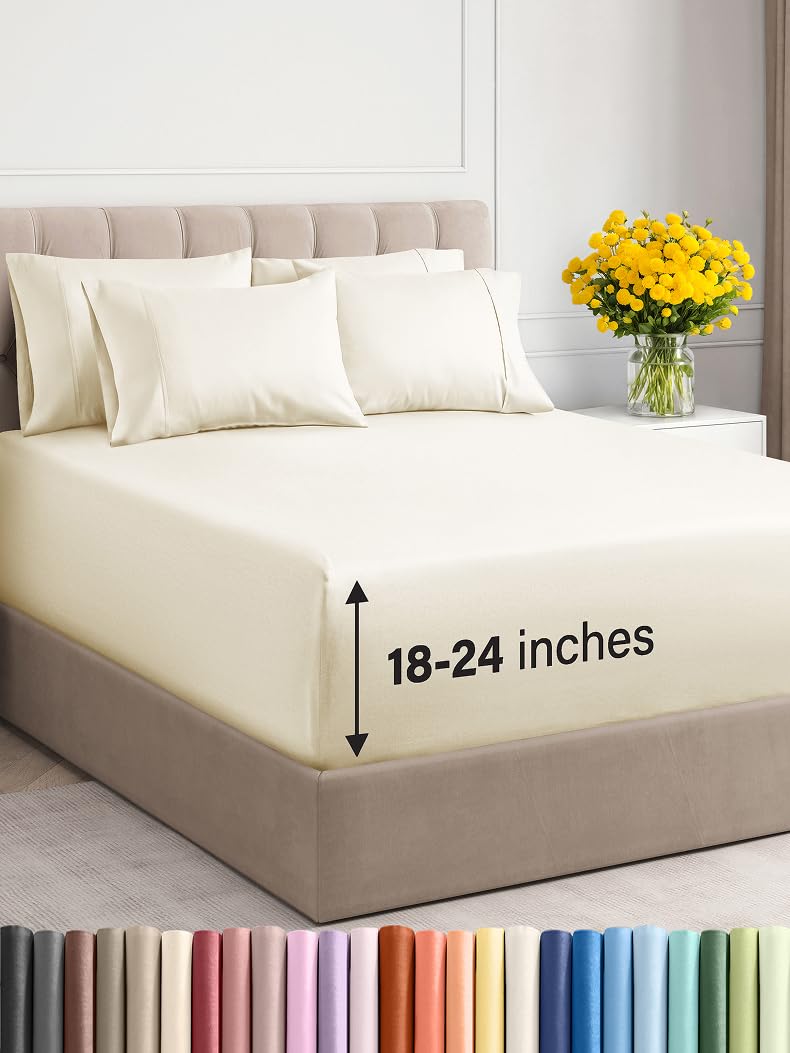Photo 1 of Extra Deep Cal King Sheet Set - 6 Piece Breathable and Cooling Sheets - Hotel Luxury Bed Sheets Set - Easy Fit - Soft, Wrinkle Free and Comfy Sheets Set - Off White Sheet Set with Extra Deep Pockets