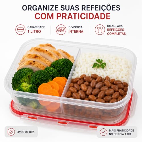 Potes Marmita Hermetica Com Divisorias Fitness 1l Com Travas Freezer Microondas Plastico Resistente Marmitas
