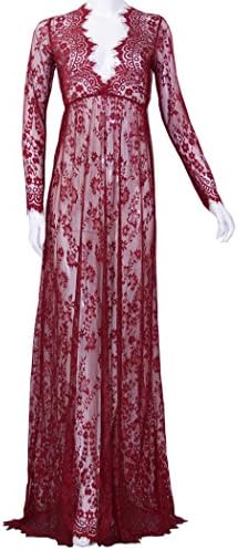 Evesleaves Lace See-though Deep V-neck Long Sleeves Bridesmaid Maxi Dress Beachwear M